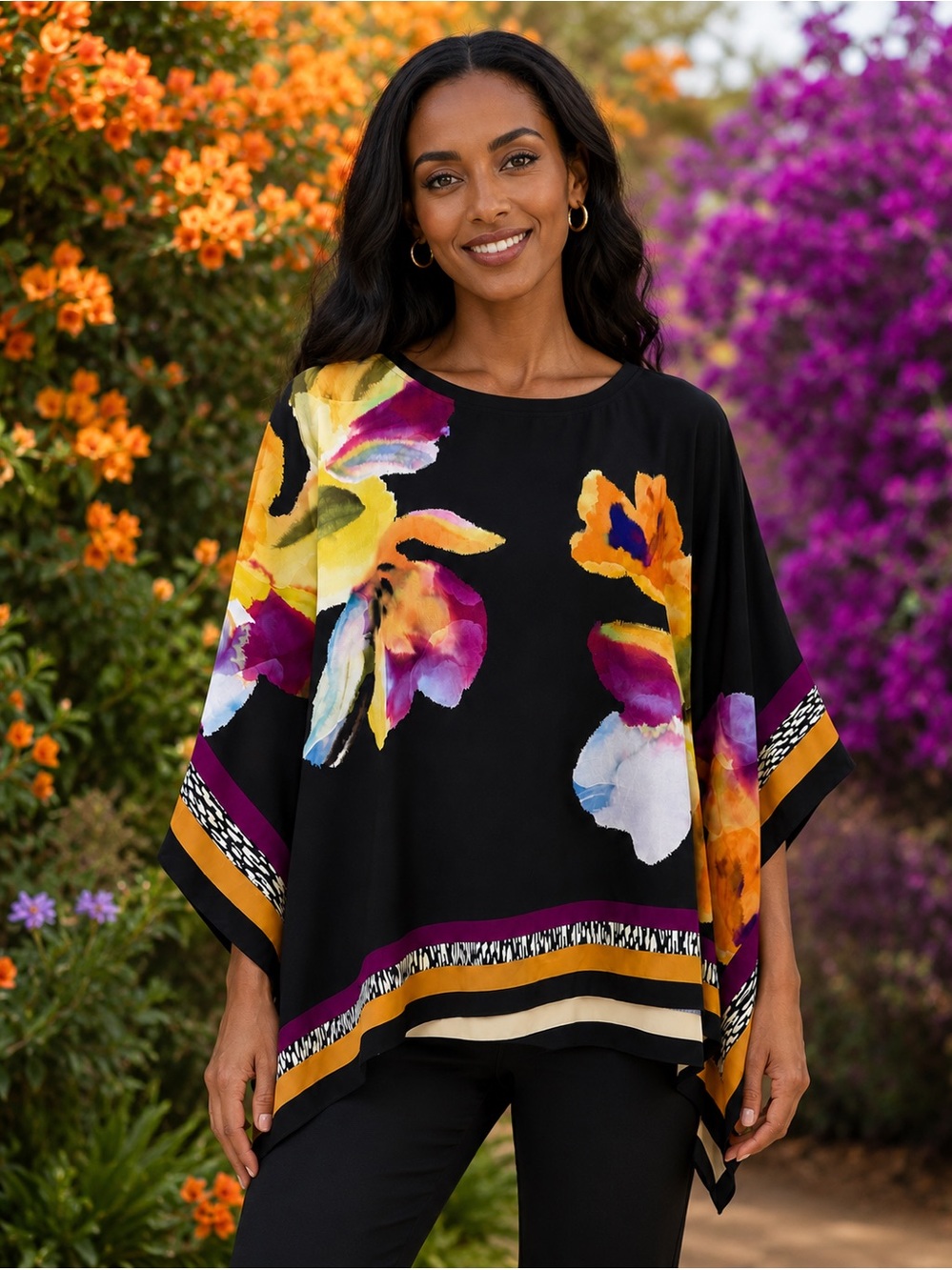 Chico’s Watercolor Floral Poncho Top Black Multicolor Kimono Sharkbite Hem S/M